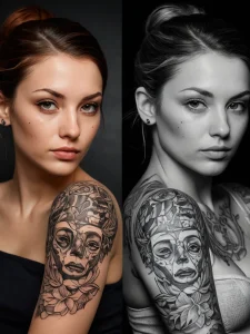 Фотография девушки с татуировкой на плече, изображающей череп, окруженный цветами. Представлены два варианта изображения: цветной и черно-белый.