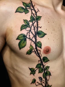 Фото тату: реалистичная ветвь с зелеными листьями, обвивающая грудь, выполненная в натуралистичном стиле с использованием различных оттенков зеленого.