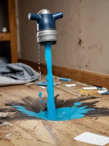 Синяя краска льется из крана, образуя яркий поток на деревянном полу. Фотография символизирует творчество и вдохновение.