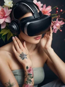 Фото тату на руке девушки в VR-очках. Изображены нежные цветочные мотивы, сочетающиеся с футуристичным образом.