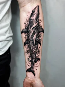 Фото тату на предплечье: стилизованное изображение акулы в технике Blackwork, с использованием геометрических фигур и точечной штриховки.