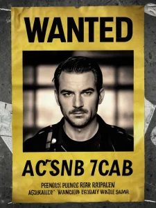 Постер "Wanted" с реалистичным портретом мужчины, выполненный в черно-желтой гамме, с надписью "AC'SNB 7CAB" и информацией о розыске.