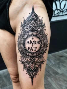 Черно-белое фото тату на бедре, изображающее круг с латинской надписью "AMOR FATI" и декоративными элементами. Элегантный и стильный дизайн.