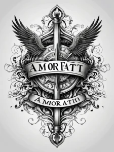 Черно-белое фото тату на спине, изображающее крылья, щит с надписью "AMOR FATI" и декоративные элементы. Масштабный и впечатляющий дизайн.