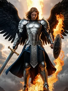 Фото тату Архангела Михаила в доспехах, сражающегося с огненным драконом. Изображение выполнено в ярких цветах, с акцентом на динамику и мощь.