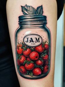 Фото тату: красочная банка с клубникой и надписью "JAM FOOD". Реалистичная прорисовка ягод, листьев и стекла. Аппетитный и привлекательный дизайн.