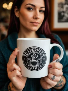 Фотография девушки, держащей большую белую кружку с надписью 'TENERIFE COFFEE'. На руке девушки видны татуировки, что добавляет образу индивидуальности.