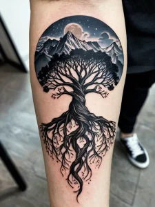 Фотография татуировки древа жизни на ноге, выполненной в стиле blackwork с использованием черных линий и точек.