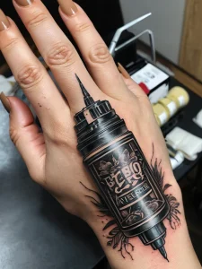 Фото тату в виде классической тату-машинки, выполненной в технике blackwork на руке. Детализированный рисунок с элементами декора.