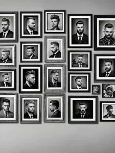 Фотографии: коллаж из черно-белых портретов мужчин с разными прическами и стилями одежды. Элегантная и стильная композиция.