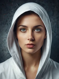 Фото портрета девушки в белом капюшоне. Выразительный взгляд и нежная красота.