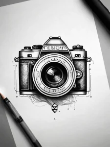 Черно-белое фото тату с изображением старинного фотоаппарата, выполненного в технике графики с тонкими линиями и штриховкой. Идеально для любителей фотографии.
