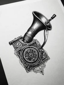 Черно-белый эскиз татуировки: реалистичное изображение старинного фотоаппарата с множеством деталей и теней.