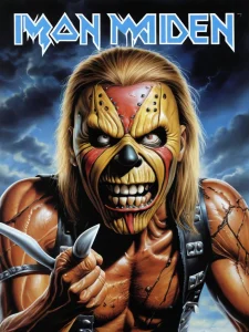 Фото тату, изображающее лицо Эдди, талисмана группы Iron Maiden, с искаженным выражением лица и металлическими деталями. Рисунок выполнен в стиле реализма с использованием ярких цветов.
