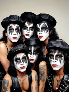 Фото тату: группа KISS в полном гриме и костюмах. Яркий и запоминающийся рисунок татуировки для поклонников рок-музыки.