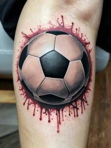 Фото тату футбольного мяча с реалистичными брызгами красной краски, имитирующими кровь. Динамичный рисунок татуировки для любителей футбола.