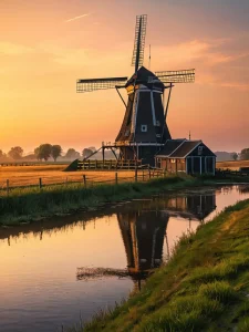 Фотореалистичное изображение голландской мельницы на фоне заката, символизирующей родину и труд, в стиле, подчеркивающем атмосферу и трудолюбие.