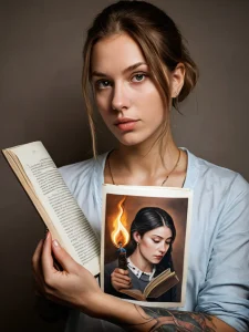 Фото девушки, держащей горящую книгу. Концептуальное изображение, которое может послужить вдохновением для татуировки.