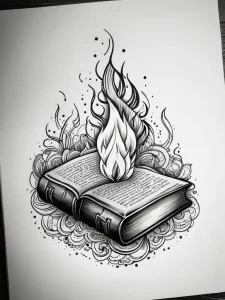 Черно-белый эскиз татуировки горящей книги с детализированными языками пламени и орнаментальным фоном.