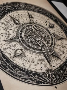 Эскиз татуировки компаса, выполненный в технике line work с добавлением мистических символов и рун. Идеально подходит для любителей эзотерики и тайн.