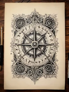 Эскиз татуировки компаса, выполненный в технике line work с высокой детализацией. Идеально подходит для любителей путешествий и морской тематики.