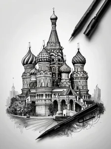 Черно-белый эскиз татуировки собора Василия Блаженного, выполненный в стиле blackwork с использованием точек и линий.