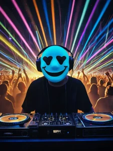 Фото тату с изображением DJ Marshmello за диджейским пультом, окруженного яркими лазерными лучами и толпой фанатов. Динамичная сцена и яркие цвета.
