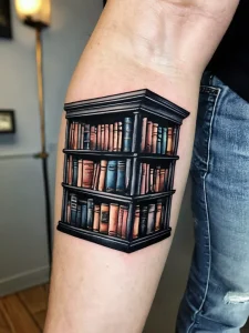 Фотография татуировки, изображающей книжный шкаф, расположенный под углом на руке. Реалистичный рисунок с множеством деталей и оттенков.