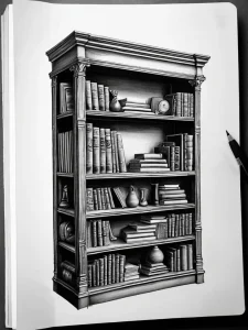 Черно-белый эскиз книжного шкафа, заполненного книгами и различными предметами. Детализированный рисунок выполнен в технике графики.