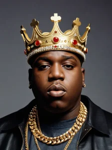 Фото тату: портрет рэпера The Notorious B.I.G. в золотой короне и с массивной золотой цепью. Реалистичный рисунок татуировки, выполненный в ярких цветах.