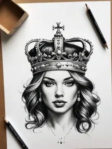 Эскиз татуировки с изображением красивой женщины в короне. Реалистичный портрет выполнен в черно-белой гамме с высокой детализацией.
