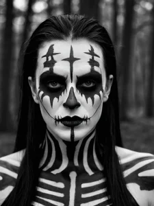 Фото тату: лицо мужчины с черно-белым гримом в стиле Dark Art, с геометрическими узорами и символикой на лице и теле, на фоне леса.