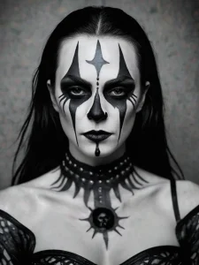 Фото тату: лицо мужчины с черно-белым гримом в стиле Dark Metal, с острыми геометрическими формами и символикой.