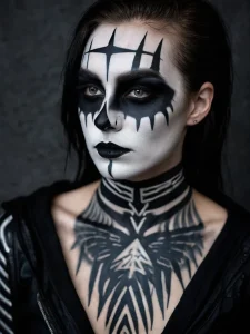 Фото тату: лицо мужчины с черно-белым гримом в стиле Dark Art, с геометрическими узорами и символикой на лице и груди.