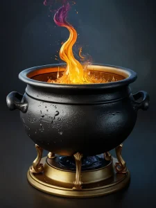 Изображение колдовского котла, из которого вырывается пламя, переливающееся разными цветами. Яркая и динамичная композиция.