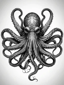 Черно-белый эскиз татуировки осьминога с декоративными узорами на теле. Реалистичные щупальца, детализированная голова, ручная работа.