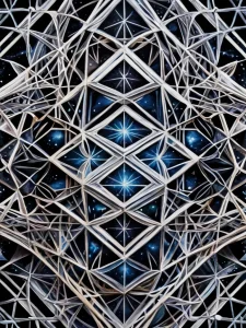 Фото тату: Абстрактная татуировка в стиле space art, изображающая сложную геометрическую структуру на фоне звездного неба, выполненная в черном и синем цветах.