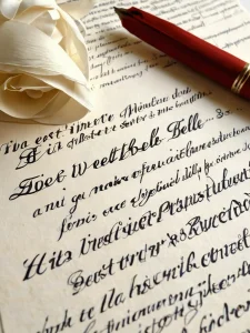 Элегантная каллиграфическая надпись "La vie est belle" пером на старинной бумаге, отсылающая к французской философии, фотореалистичное изображение.