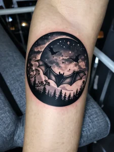 Фотореалистичная татуировка летучей мыши в сочетании с луной и звездным ночным небом, создающая атмосферу темной романтики и мистики.