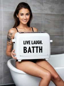 Фото татуировки: девушка в купальнике держит в руках тостер с надписью "LIVE LAUGH. BATTH". Изображение выполнено в ярких цветах.