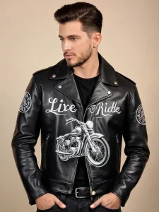 Фото мужчины в черной кожаной куртке с изображением мотоцикла и надписью 'Live to Ride'. Стильный образ и качественная татуировка.