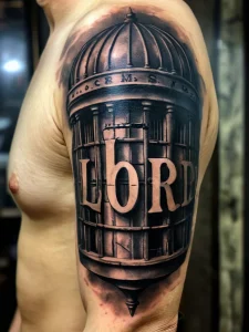 Фото татуировки в виде старинной клетки с надписью 'LORD' внутри. Выполнена в черно-серых тонах с высокой детализацией и реалистичными тенями. Расположена на плече.