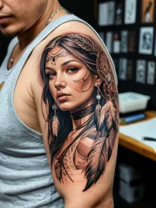 Фото тату реалистичного портрета девушки в индейском стиле с украшениями из перьев на руке и голове.