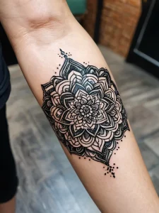 Фото татуировки: черная мандала в стиле blackwork, расположенная на руке, демонстрирует графическую точность и элегантность.