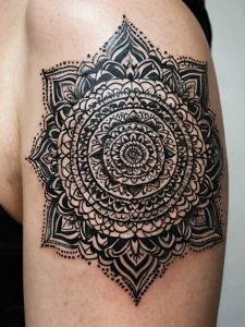 Фото татуировки: сложная мандала в стиле blackwork, расположенная на плече, демонстрирует графическую точность и симметрию.