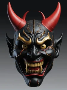 Фотография детализированной маски Они с красными рогами. Черный фон, золотые акценты и зловещий взгляд.
