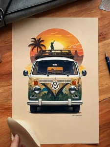 Фото тату: эскиз татуировки с изображением Volkswagen Bus на фоне заката и пальм, выполненный в акварельном стиле.