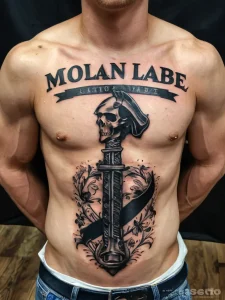Визуализация татуировки 'Molon Labe' на различных местах тела: крупный план на предплечье, на груди и на икре, показывающая оптимальный выбор локации для этого символа.