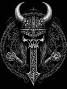 Логотип группы в стиле Viking Metal, включающий в себя стилизованный Молот Тора (Мьёльнир), передающий агрессивную и мощную эстетику жанра, фотореалистичное исполнение.