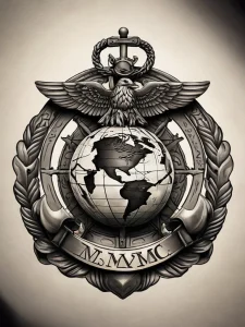 Детализированный черно-белый эскиз эмблемы Корпуса морской пехоты США с орлом, глобусом и якорем, окруженной лавровыми ветвями и надписями.